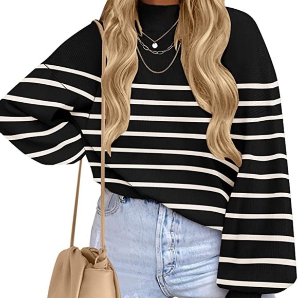 Women's Casual Turtleneck Long Lantern Sleeve Oversized Ribbed Knit Pullover